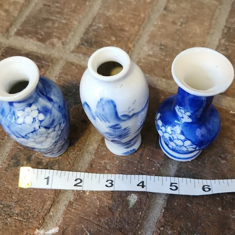 Vintage Chinese Bud Vases Miniature  Set Of 3 Cobalt Blue Asian Cherry Blossoms
